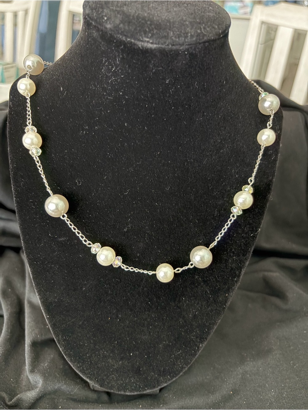 Classic Pearl Station Necklace in White with Silver Chain